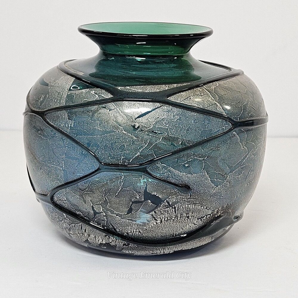 Vtg Verrerie La Mailloche Quebec Handmade Art Glass Vase 4" Green Blue Silver